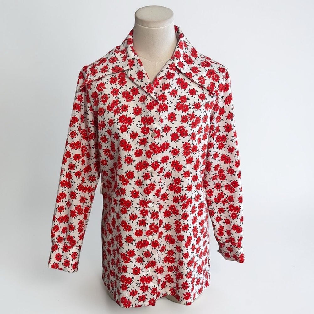 Vintage GRAFF 1970's Orange Long Sleeve Floral Hippie Button Down Shirt Top L M